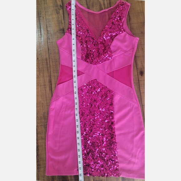 Poof Apparel Mesh Sequenced Hot Pink Bodycon Dress - Large, runs small - Picture 10 of 11